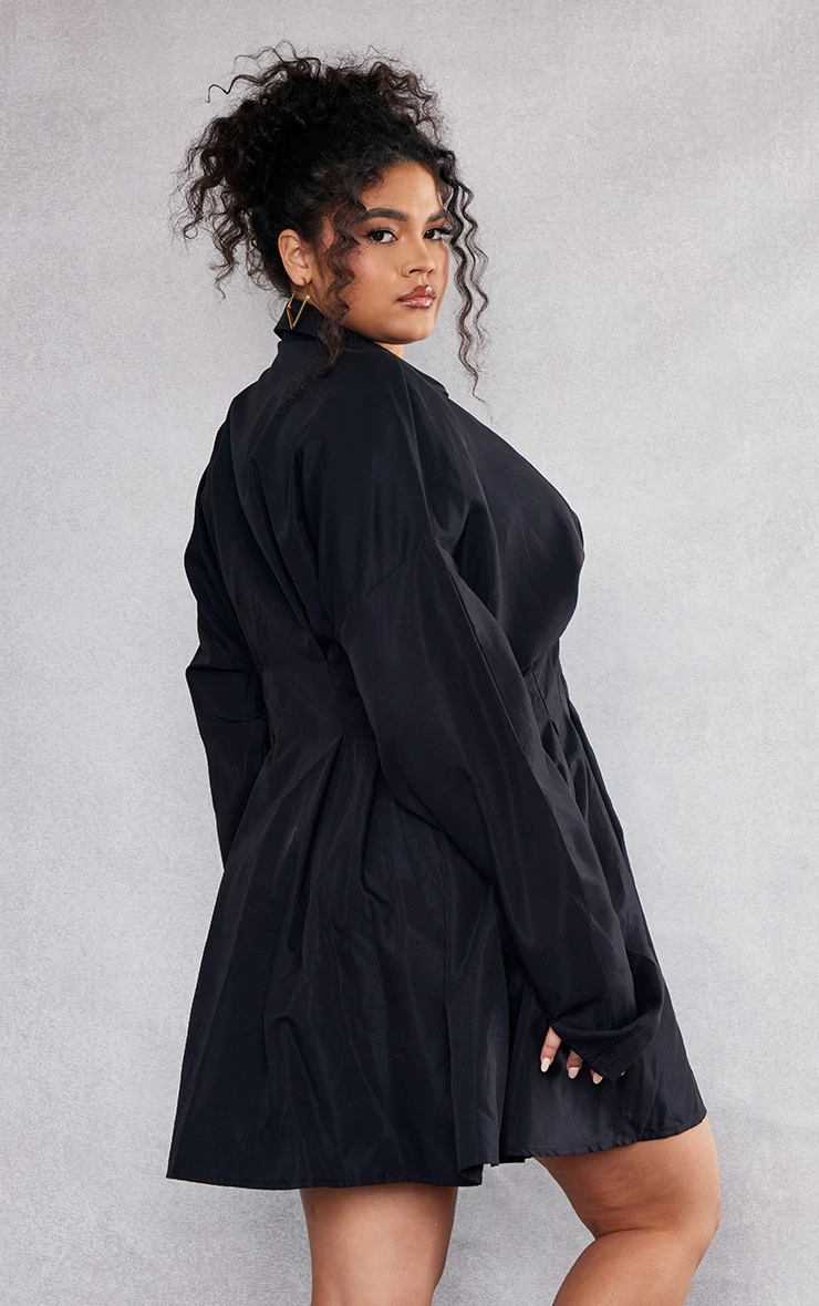 Plus Black Woven Pleated Button Down Oversized Puff Shirt Dress 4 Plus Black Woven Pleated Button Down Oversized Puff Shirt Dress - Image 2
