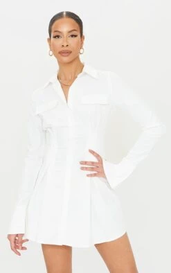 Tall White Pocket Detail Cargo Cinched Waist Shirt Dress