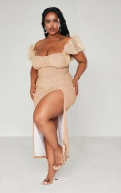 Plus Champagne Bardot Organza Ruffle Detail Glitter Midi Dress -Goremje Style 1c23b1b35a900e32cd3171d83f722aba801bee67 cna8272 3