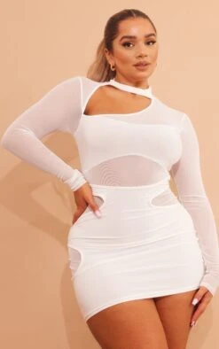 Shape White Mesh Slinky Overlay Long Sleeve Bodycon Dress