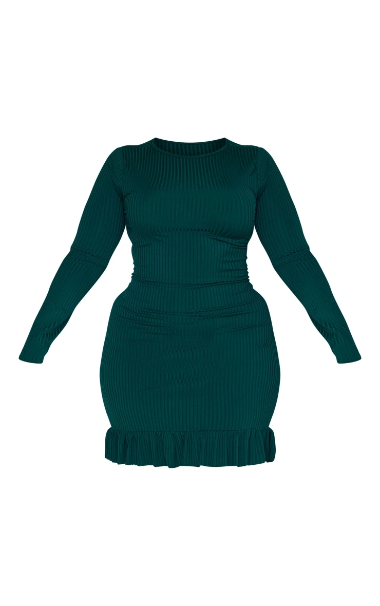 Plus Emerald Green Rib Frill Hem Bodycon Dress 7 Plus Emerald Green Rib Frill Hem Bodycon Dress - Image 5