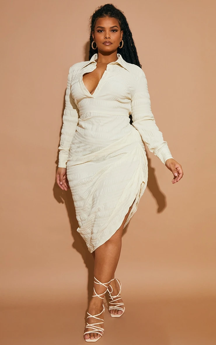 Plus Stone Textured Ruched Side Midi Shirt Dress 5 Plus Stone Textured Ruched Side Midi Shirt Dress - Image 3