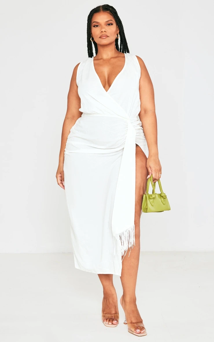 Plus Cream Linen Look Drape Detail Midi Dress 4 Plus Cream Linen Look Drape Detail Midi Dress - Image 2