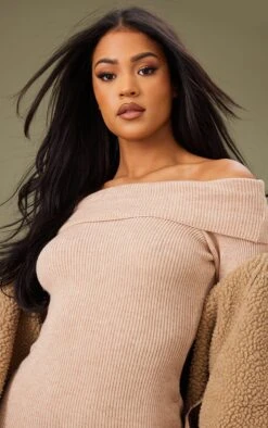 Tall Oatmeal Knit Off The Shoulder Mini Dress -Goremje Style 2040d25369ed4ad5d594bcee32950b00c258d5e5 cnc4060 4