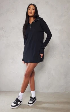 Tall Black Rib High Neck Half Zip Oversized Jumper Dress