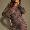 Shape Brown Printed Sheer Knit Long Sleeve Bodycon Dress -Goremje Style 208c6b7cccb4a0f087e3193db47348eb700c20f5 cnc1627 1