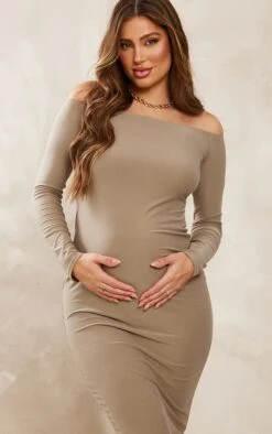 Maternity Taupe Off The Shoulder Soft Touch Midi Dress -Goremje Style 20a10dd0e97bacaf6d412cae4c0f8988e4b08de9 cnd7228 4