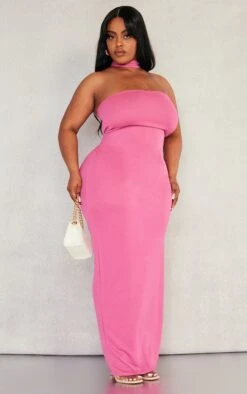 Plus Hot Pink Crepe Neck Detail Maxi Dress