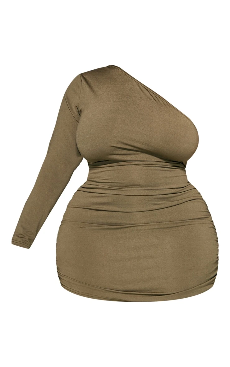 Plus Khaki Longsleeve One Shoulder Bodycon Dress 7 Plus Khaki Longsleeve One Shoulder Bodycon Dress - Image 5