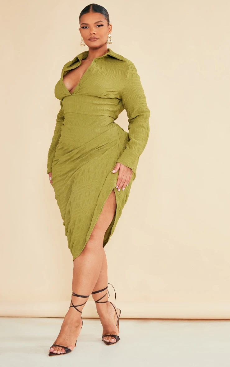 Plus Olive Textured Ruched Side Midi Shirt Dress 5 Plus Olive Textured Ruched Side Midi Shirt Dress - Image 3