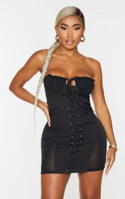 Shape Black Cup Detail Lace Up Bodycon Dress
