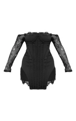 Shape Black Satin Lace Insert Bardot Corset Bodycon Dress -Goremje Style 22fef3cd598cb96cf98d63e239864b303c9acc9c cna6214 5