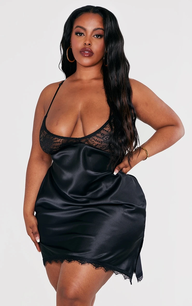 Plus Black Satin Lace Trim Slip Dress 5 Plus Black Satin Lace Trim Slip Dress - Image 3