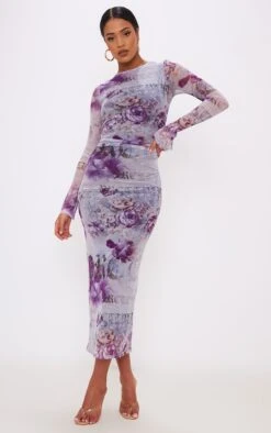 Tall Lilac Floral Print Ruched Midaxi Dress
