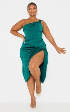 Plus Emerald Green Satin Drape Detail Side Split Midi Dress -Goremje Style 23aee3da2323dcb8afca9c36d4a515e9f1201ff2 cmu5773 4