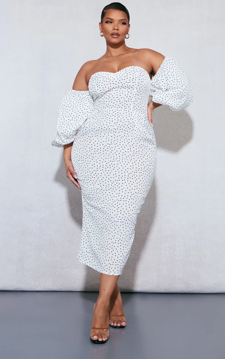Plus White Polka Dot Bandeau Puff Sleeve Midi Dress 3 Plus White Polka Dot Bandeau Puff Sleeve Midi Dress