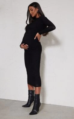 Maternity Black Shirred Long Sleeve Midi Dress