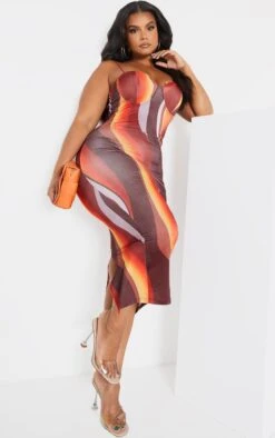 Plus Brown Ombre Stripe Cup Detail Midi Dress