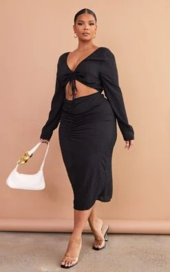 Plus Black Textured Cut Out Ruched Midi Dress -Goremje Style 286dfc9923604ead9c5b176cd13e1a201c579023 cmw3068 4
