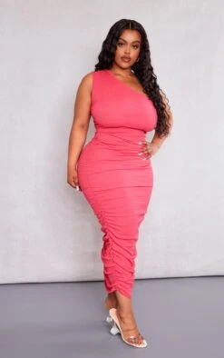 Plus Pink One Shoulder Textured Midi Dress