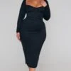Plus Black Sweetheart Neck Long Sleeve Midi Dress