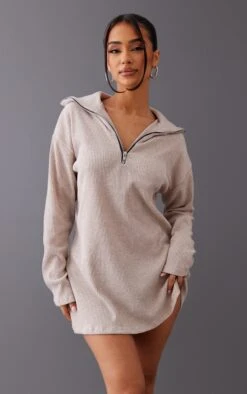 Petite Oatmeal Rib High Neck Half Zip Oversized Jumper Dress