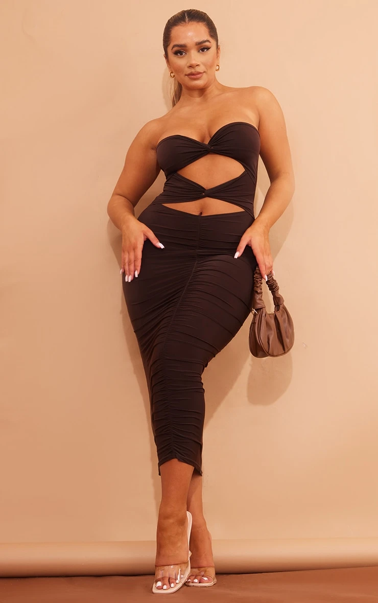 Shape Chocolate Brown Slinky Twist Detail Cut Out Midaxi Dress 3 Shape Chocolate Brown Slinky Twist Detail Cut Out Midaxi Dress