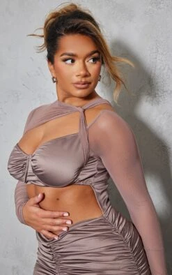 Shape Taupe Satin Cut Out Ruched Mesh Overlay Bodycon Dress -Goremje Style 2b036bb7d72432d6eacb06e2492af96a938e4c78 cnc4684 4