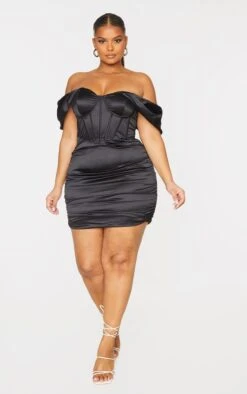 Plus Black Structured Satin Cupped Ruched Skirt Bodycon Dress
