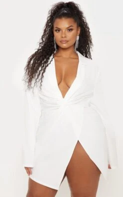 Plus White Twist Front Shirt Dress
