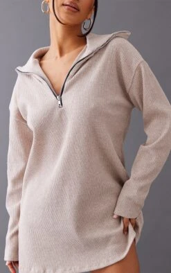 Petite Oatmeal Rib High Neck Half Zip Oversized Jumper Dress -Goremje Style 2d7e7a7c1eed00d78f1fae0d07d3816617d0c9f8 cnc4742 4