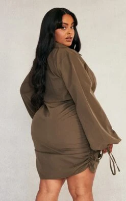 Plus Khaki Plunge Ruched Tie Cuff Shirt Bodycon Dress -Goremje Style 2f6fcc827ba0d47d35c2067a86e66bd8fb69278a cnd2782 2