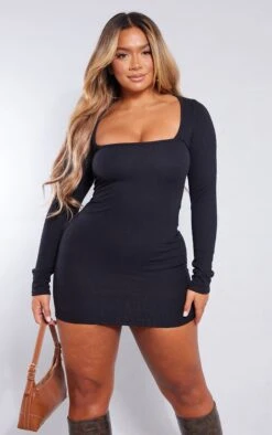Shape Black Textured Square Neck Long Sleeve Bodycon Dress