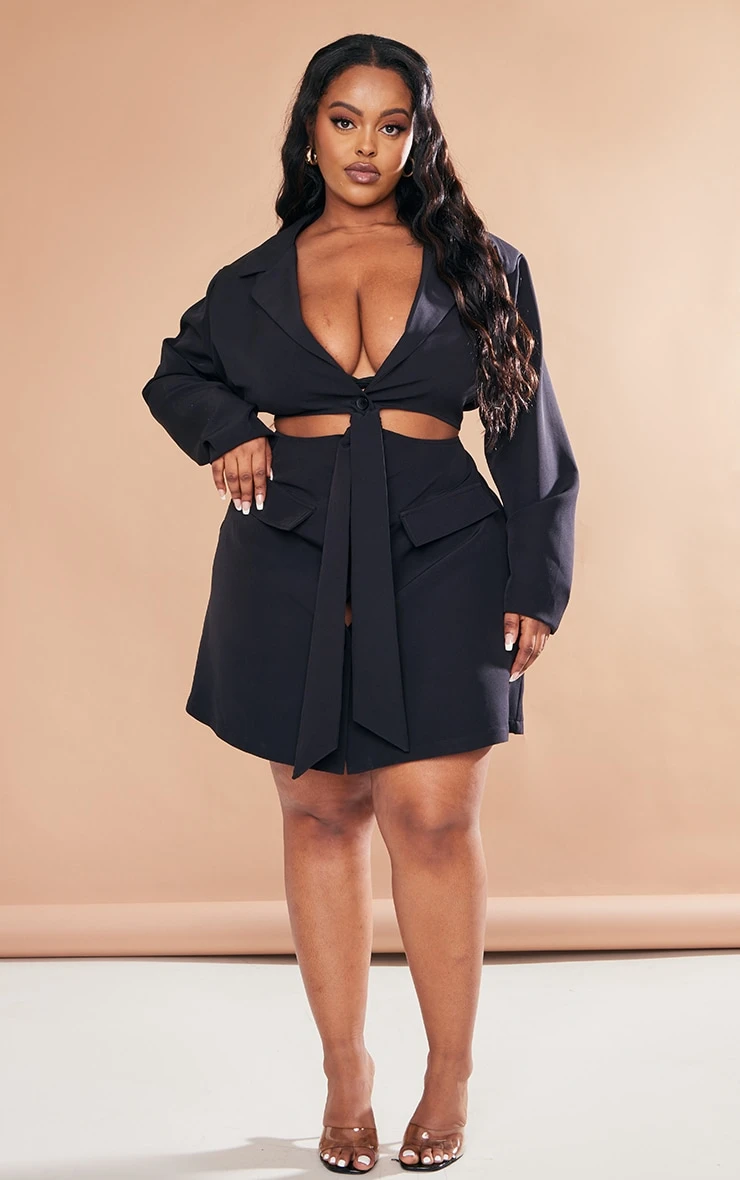 Plus Black Cut Out Knot Front Blazer Dress 5 Plus Black Cut Out Knot Front Blazer Dress - Image 3