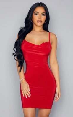 Petite Red Slinky Cowl Neck Dress