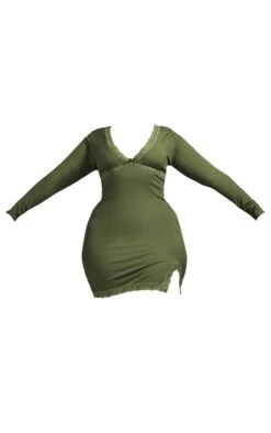 Plus Khaki Rib Lace Detail Split Hem Bodycon Dress -Goremje Style 325fc8a2a82af3400b585a2b713d0cad770a1172 cnc9740 5