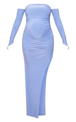 Maternity Blue Slinky Off The Shoulder Ruched Maxi Dress -Goremje Style 32f38499afd1da3489568518566c17698c839f99 cne2364 5