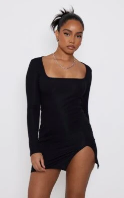Petite Black Rib Split Hem Square Neck Long Sleeve Bodycon Dress