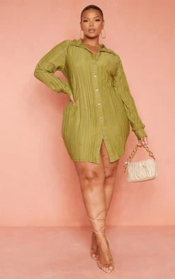 Plus Olive Plisse Shirt Dress