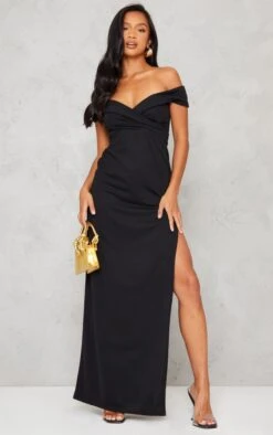 Petite Black Bardot Fold Detail Extreme Split Maxi Dress