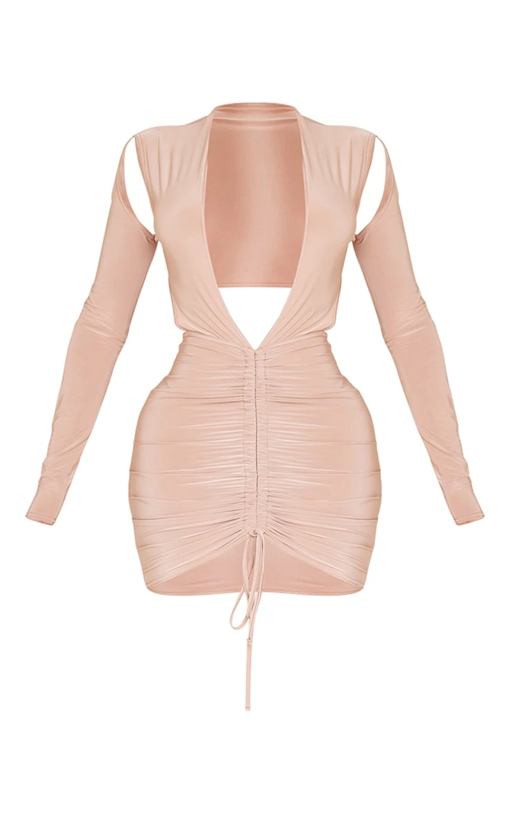 Shape Taupe Slinky Long Sleeve Plunge Ruched Bodycon Dress 7 Shape Taupe Slinky Long Sleeve Plunge Ruched Bodycon Dress - Image 5