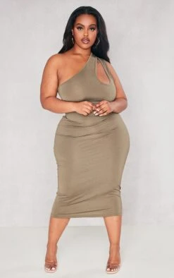 Plus Khaki One Shoulder Cut Out Midi Dress