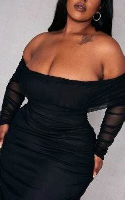 Plus Black Mesh Bardot Long Sleeve Midi Dress -Goremje Style 36cc69699df3893b61dd7c91f349d657e60ab542 cnd2493 4