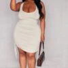 Plus Beige Ruched V Neck Strappy Knitted Dress