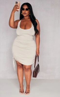 Plus Beige Ruched V Neck Strappy Knitted Dress