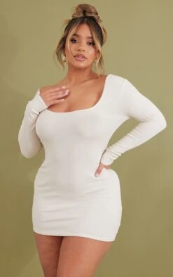 Shape Beige Rib Long Sleeve Scoop Back Bodycon Dress