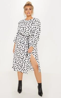 Plus White Tie Waist Dalmatian Print Midi Dress -Goremje Style 37af208a51c721769b87e466ef74f3f556cd5690 clz4165 4