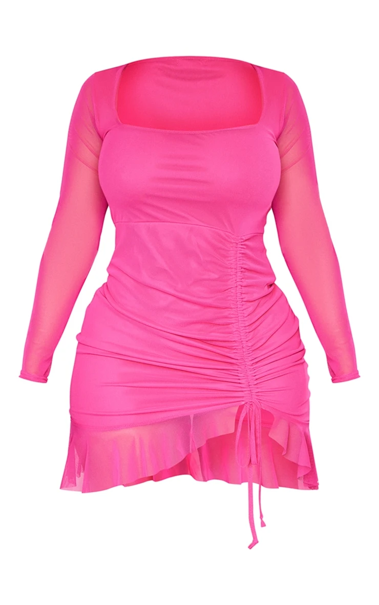 Shape Hot Pink Mesh Long Sleeve Ruched Side Frill Hem Bodycon Dress 7 Shape Hot Pink Mesh Long Sleeve Ruched Side Frill Hem Bodycon Dress - Image 5