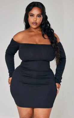 Plus Black Long Sleeve Rib Bardot Bodycon Dress -Goremje Style 38436f8d2375ac6dc514395c547f558d7401143f cnb7003 3