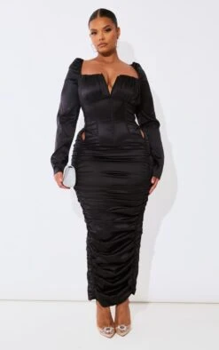 Plus Black Ruched Corset Satin Midi Dress